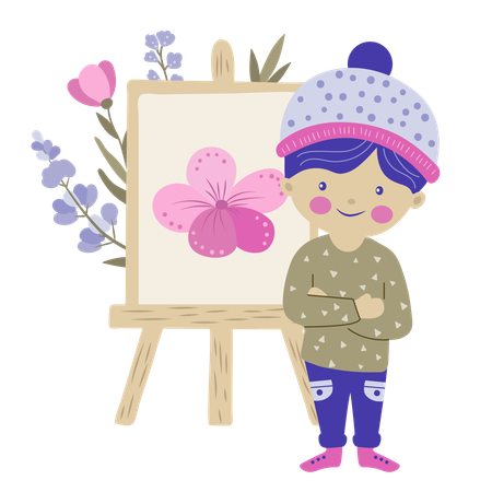 Niño de pie con pintura de flores  Ilustración