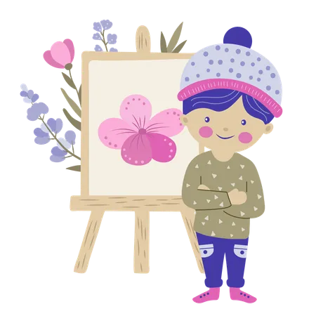 Niño de pie con pintura de flores  Ilustración