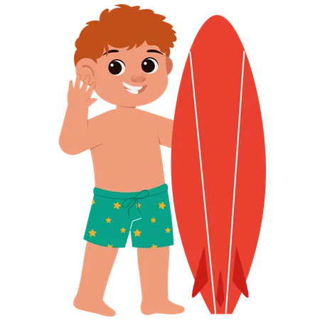 Verano niño sosteniendo tabla de surf  Ilustración