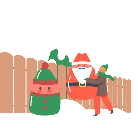 Un niño decora el patio de la casa con estatuas navideñas de Papá Noel y un elfo las pone en la nieve  Ilustración