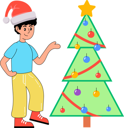 Niño decorando el árbol de navidad  Ilustración