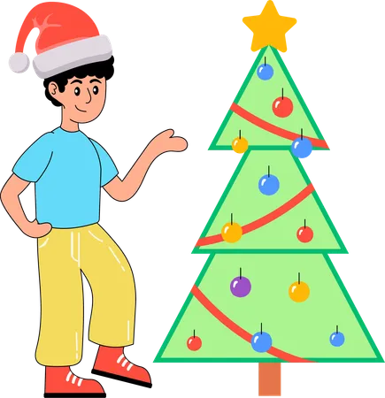 Niño decorando el árbol de navidad  Ilustración