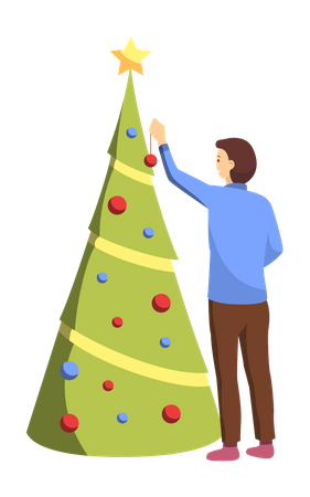 Niño decorando el árbol de navidad  Ilustración