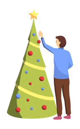 Niño decorando el árbol de navidad  Ilustración