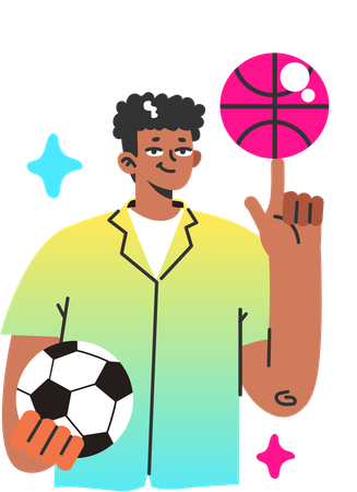 Chico de deportes girando baloncesto en el dedo  Ilustración