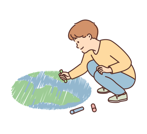Niño dibujando tierra en el piso  Ilustración
