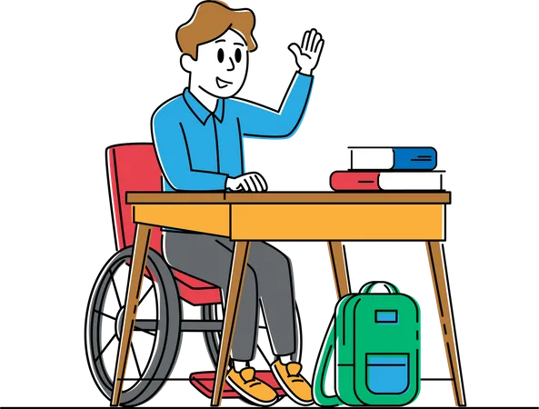 Niño discapacitado en silla de ruedas sentado en el escritorio con libros de texto en el aula levantando la mano  Ilustración