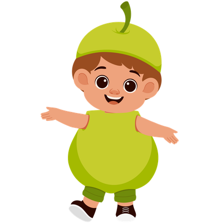 Niño disfrazado de pera y fruta  Ilustración