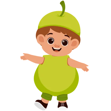 Niño disfrazado de pera y fruta  Ilustración