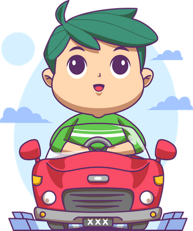 El niño disfruta conduciendo un coche  Ilustración