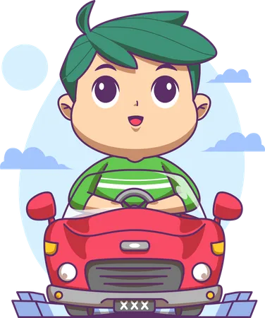 El niño disfruta conduciendo un coche  Ilustración