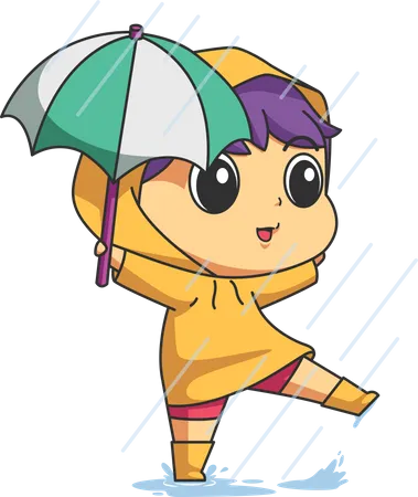 El niño disfruta de la lluvia mojándose  Ilustración
