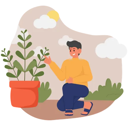 El niño disfruta manteniendo las plantas.  Ilustración