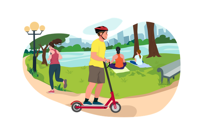 Niño disfruta de un paseo en scooter por el parque  Ilustración