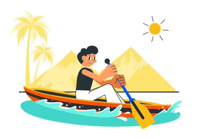 Niño disfrutando de un paseo en bote en el lago  Ilustración