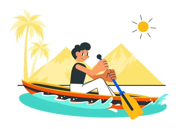 Niño disfrutando de un paseo en bote en el lago  Ilustración