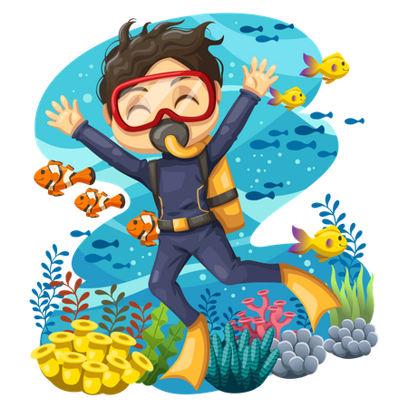 Niño disfrutando del buceo  Ilustración