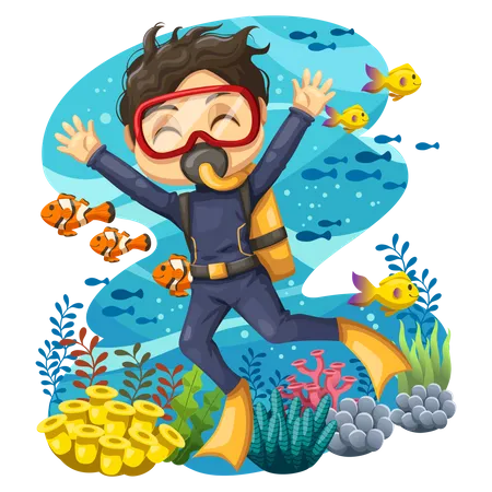 Niño disfrutando del buceo  Ilustración