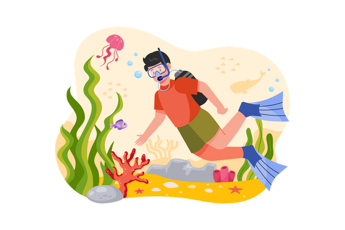 Niño disfrutando del buceo  Ilustración