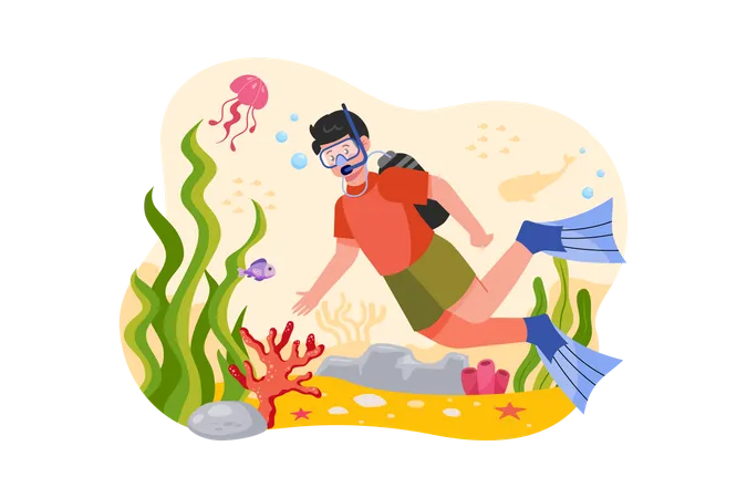 Niño disfrutando del buceo  Ilustración