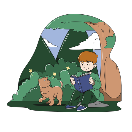 Niño disfrutando de un libro de lectura bajo un árbol  Ilustración