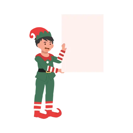 Niño duende navideño con cartel  Ilustración