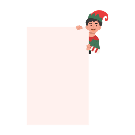 Niño duende navideño con cartel  Ilustración