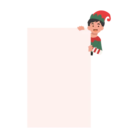 Niño duende navideño con cartel  Ilustración