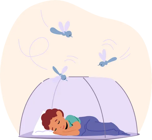 El niño duerme bajo una red protegida de los mosquitos  Ilustración