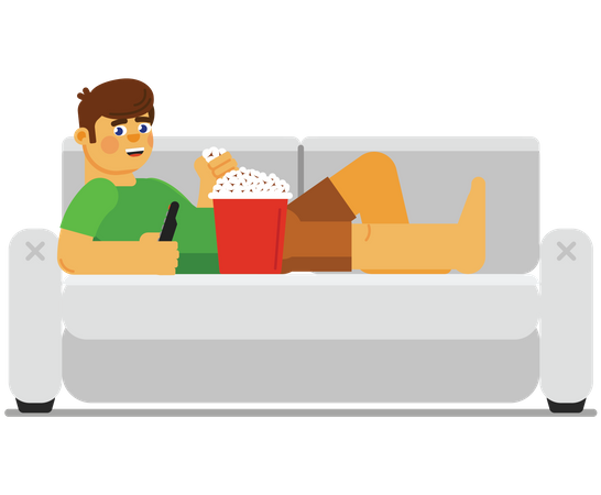 Niño durmiendo en el sofá mientras come palomitas de maíz  Ilustración