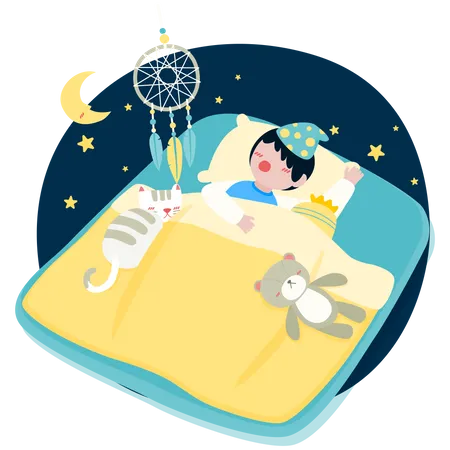 Niño durmiendo en la cama con gato  Ilustración