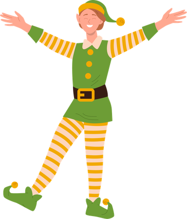 Niño elfo con traje tradicional gesticulando las manos saludando con Feliz Navidad  Ilustración