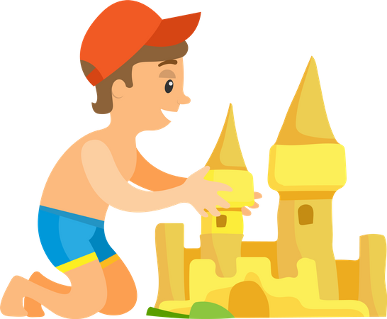 Niño En Bañador Y Gorra Construyendo Castillo De Arena  Ilustración