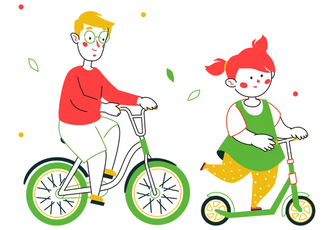 Niño en bicicleta mientras la niña usa un patinete  Ilustración