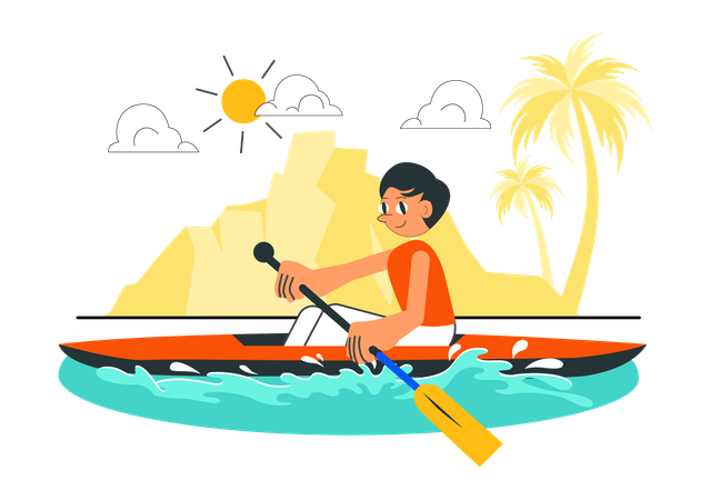 Niño montando en canoa en el lago  Ilustración
