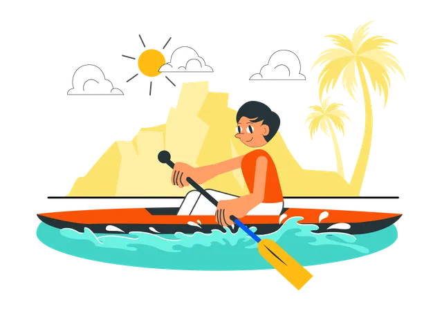 Niño montando en canoa en el lago  Ilustración