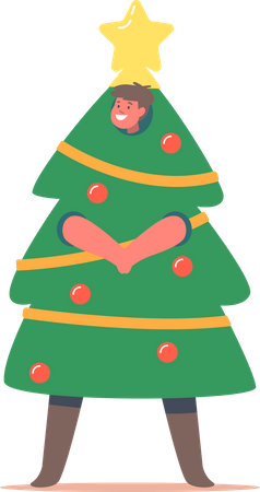 Niño disfrazado de Navidad del árbol de Navidad.  Ilustración