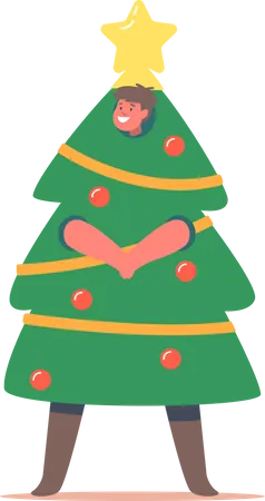 Niño disfrazado de Navidad del árbol de Navidad.  Ilustración