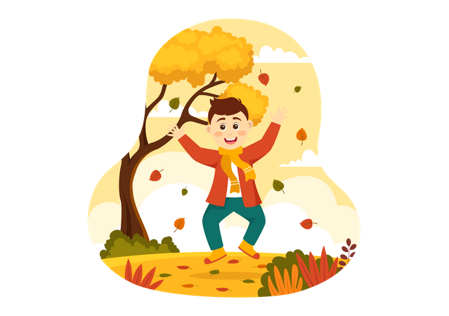 Niño en el parque de otoño  Ilustración