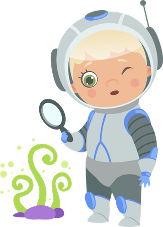 Niño en traje de astronauta sosteniendo lupa  Ilustración
