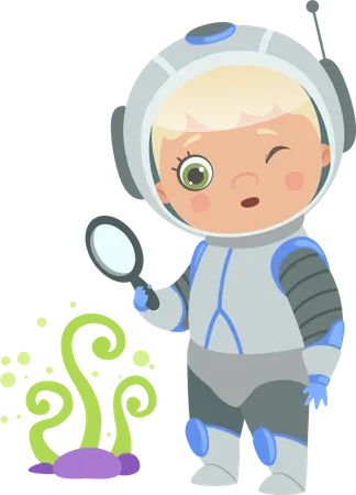 Niño en traje de astronauta sosteniendo lupa  Ilustración