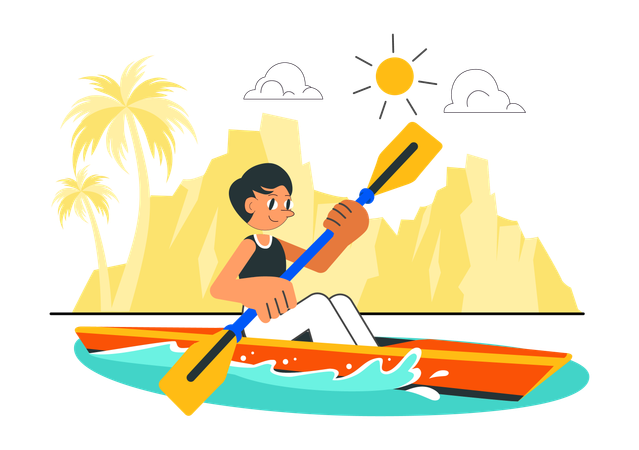 Niño montando un bote de remos en el lago  Ilustración