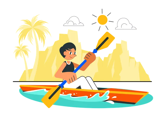 Niño montando un bote de remos en el lago  Ilustración
