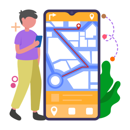 Niño encuentra direcciones con el navegador de mapas  Ilustración