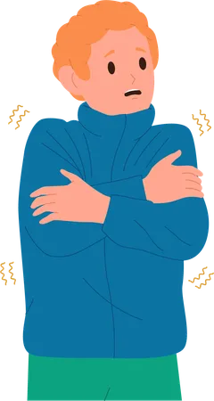 Niño enfermo con un suéter cálido temblando y temblando, sacudiendo el cuerpo abrazándose a sí mismo  Ilustración