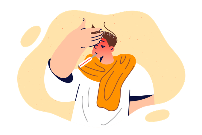 Niño enfermo sufre de fiebre y sostiene el termómetro en la boca  Ilustración