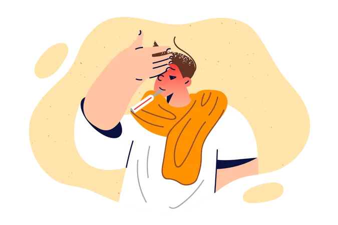 Niño enfermo sufre de fiebre y sostiene el termómetro en la boca  Ilustración