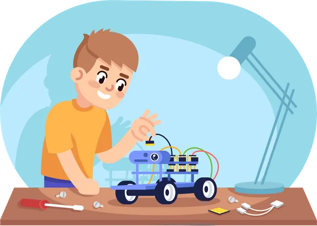 Niño montando coche robot  Ilustración