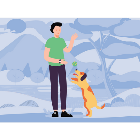 Niño entrenando a su perro mascota  Ilustración