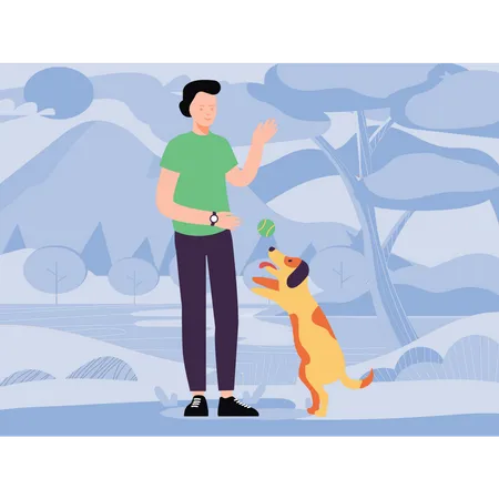 Niño entrenando a su perro mascota  Ilustración